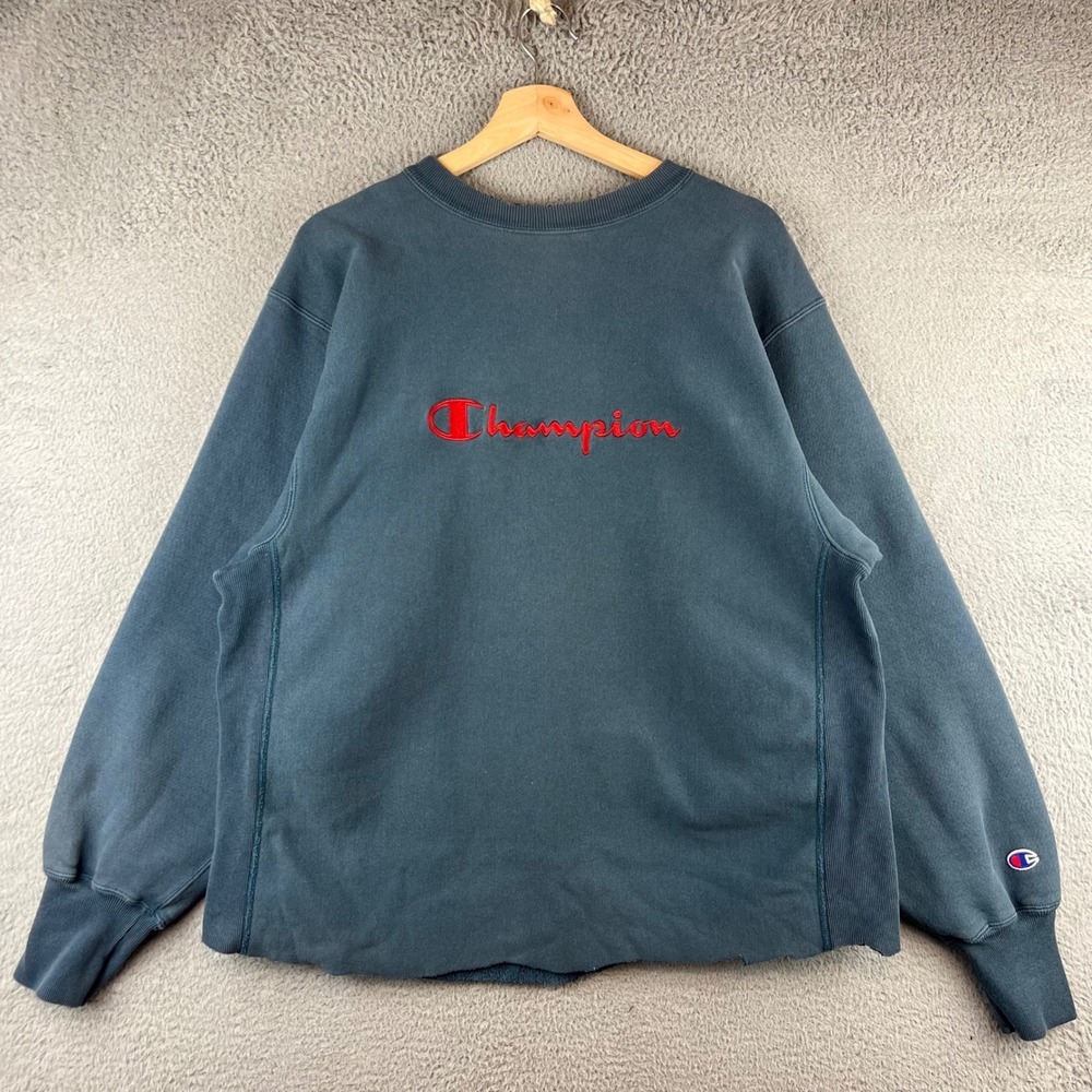 Vintage 90s Champion Reverse Weave Crewneck Sweatshirt Gray Red Embroidered crop